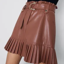 Однотонная плиссированная мини-юбка из искусственной кожи, Женская Повседневная приталенная юбка-карандаш с поясом