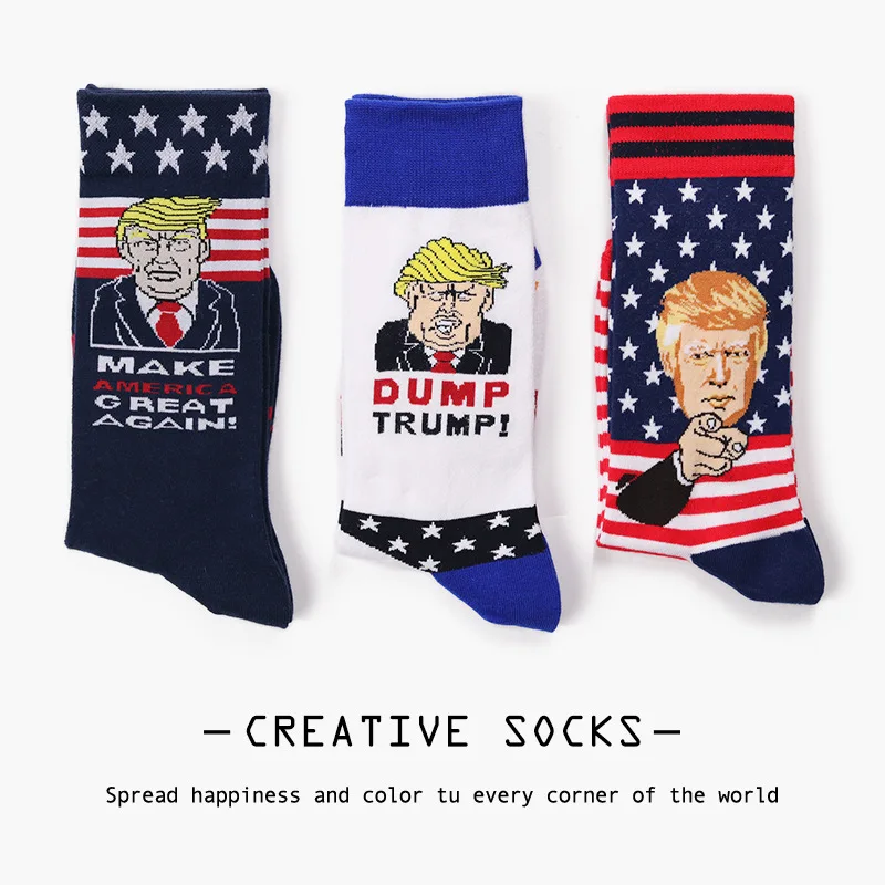 Новинка, хлопковые носки для мужчин и женщин с изображением Дональда Трампа, повседневные носки со звездами в стиле хип-хоп, скейтборд, подарок, высокое качество, дизайнерские, черные, сумасшедшие