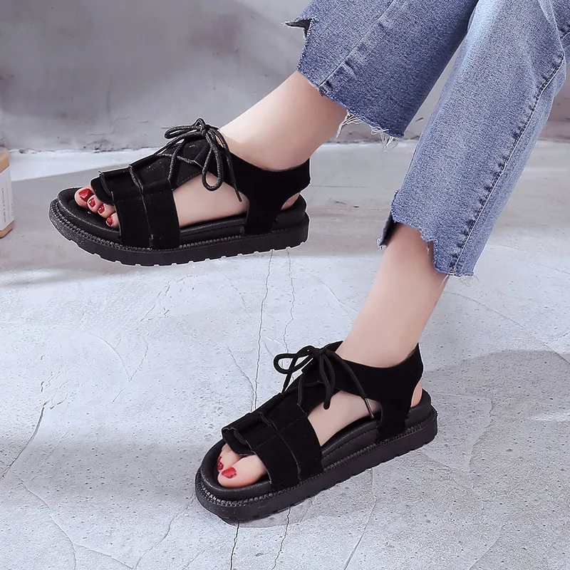 

Casual Open Toe Flat with Platform Sandals Women Front Rear Strap Cross-tied Ladies Shoes Summer Basic Sandals