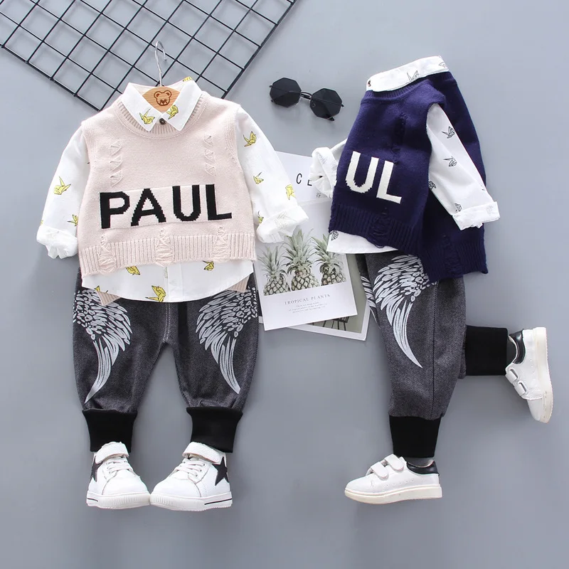 

2020 Spring And Autumn Children English Lettered with Holes Paul Waistcoat Sweater Shirt Three-piece Set