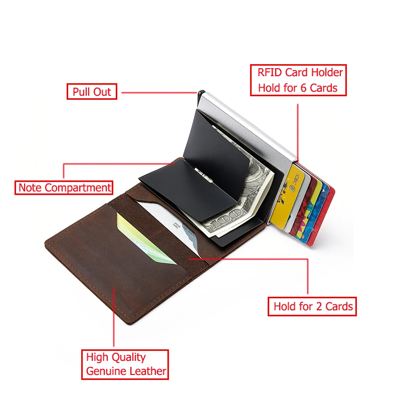 ZOVYVOL Genuine Leather RFID Card Holder Card Case Clutch Pop-up Wallet Aluminum Box Slim Smart Wallets