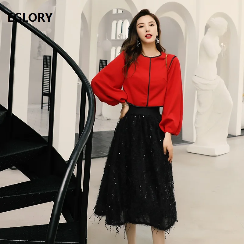 Tweedelige Set 2019 Herfst Winter Sexy Party Club Rok Pak Vrouwen Lantaarn Mouwen Rood Tops + Mid-Kalf lengte Zwarte Lovertjes Rokken Tweedelige Set 2019 Herfst Winter Sexy Party Club Rok Pak Vrouwen Lantaarn Mouwen Rood Tops + Mid-Kalf lengte Zwarte Lovertjes Rokken