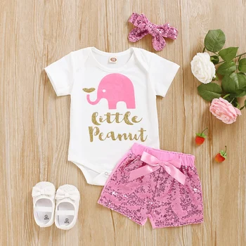 

Infant Summer Baby Cartoon Short-sleeved One-piece Top + Fashion Sequin Shorts + Hairband Three-piece Suit Infant Clothes