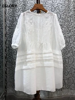 

Luxury Dress 2020 Summer Fashion Women Exquisite Embroidery Short Sleeve Casual Loose Silk Dress White Yellow Purple White Black