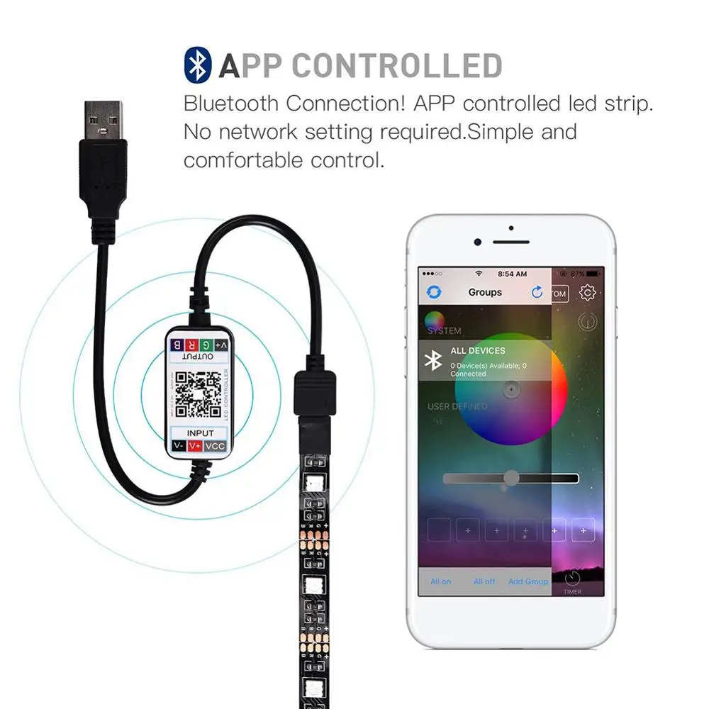 Luz LED de 5V con USB SMD5050, iluminación RGB de noche con controlador Bluetooth, para cocina o armario de casa