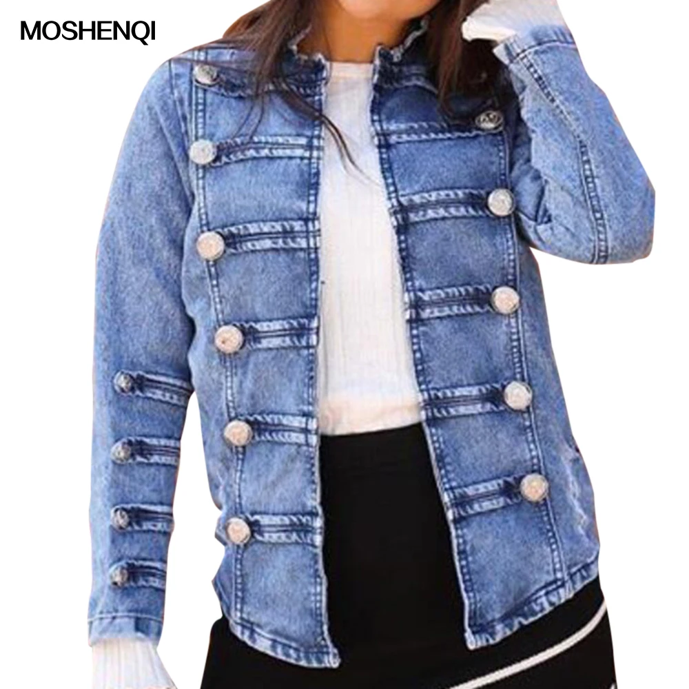 

MOSHENQI Women Denim Jackets 2019 Autumn Loose Open Stitch Double Breasted Decoration Woman Clothes Plus Size 3XL Coat Women