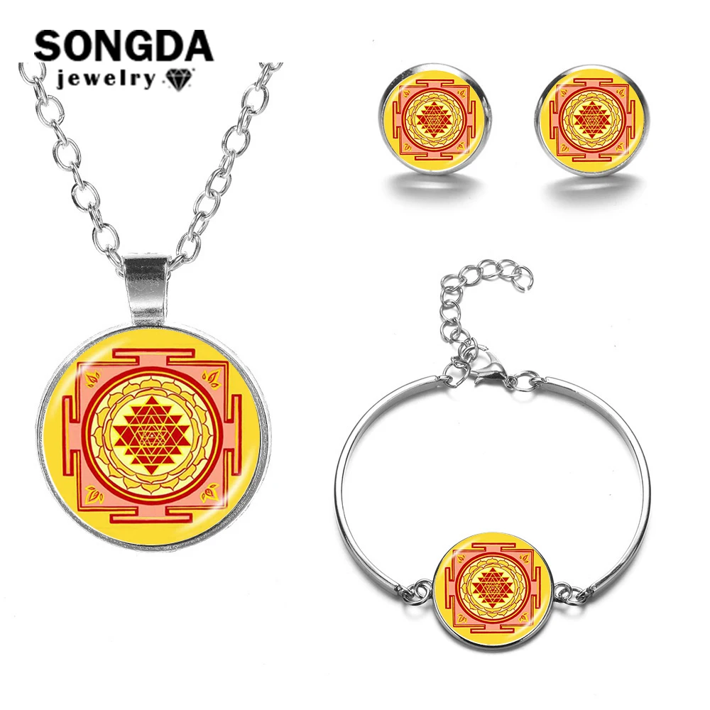 SONGDA индийские Sri Yantra Sacred Art геометрические Ювелирные наборы Серебряная цепочка