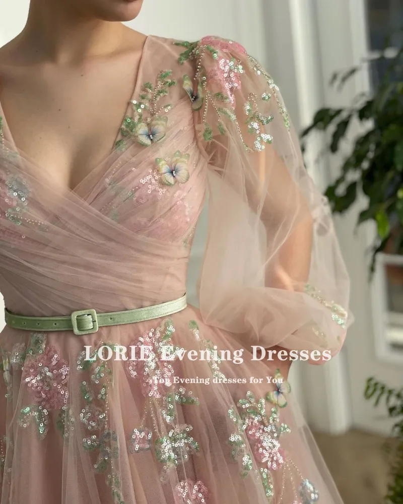 LORIE Fairy Prom Dress V Neck Appliques Flowers Pink Long Puff Sleeve Party Dress for Graduation Celebrity robe fete femme