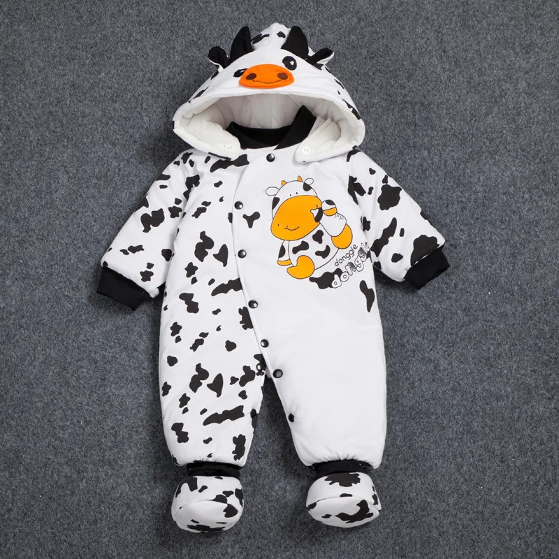 cute cow Одежда из хлопка для новорожденных; цельная теплая осенне-зимняя одежда с капюшоном для малышей; комбинезон с изображением животных; стиль Тоторо; пингвин - Цвет: cute cow