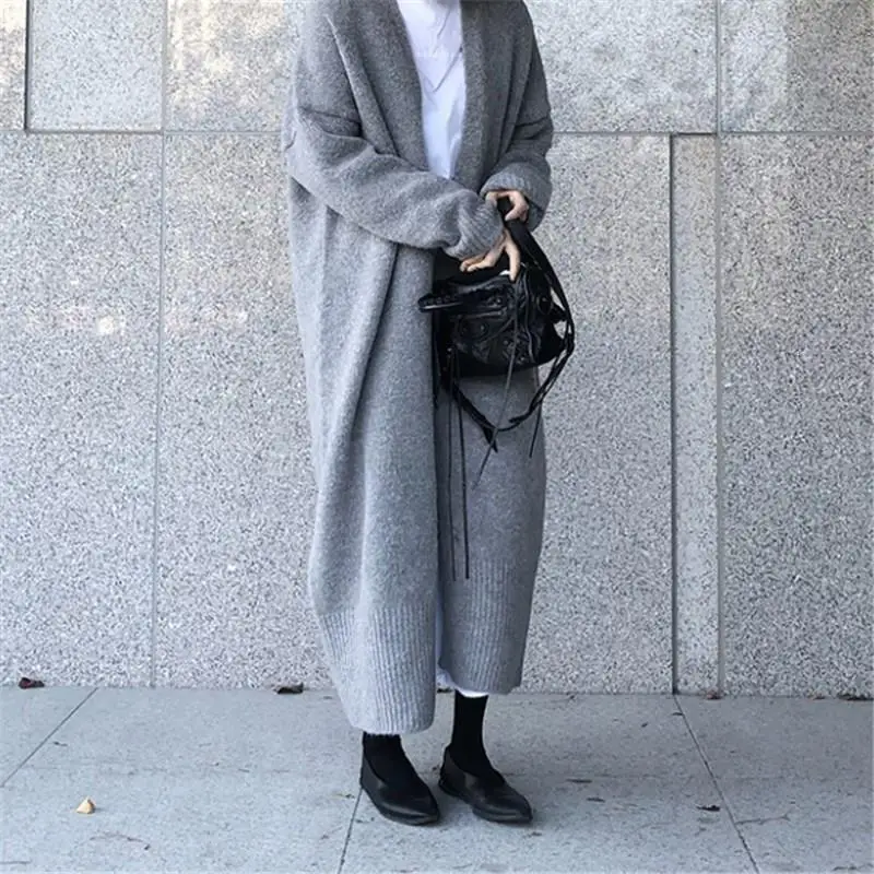 Women Autumn Winter Open Stitch Knitted Cardigans Elegant O-Neck Female Overcoat Loose Solid Long Sweater Coat