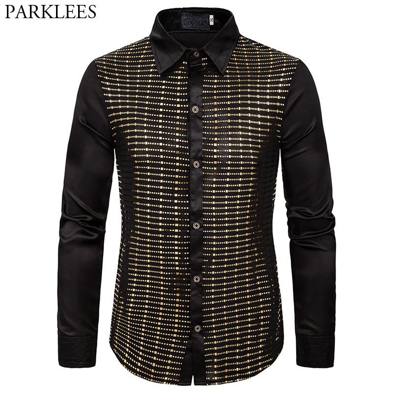 Рубашка мужская приталенная шелковая с блестками длинным рукавом и