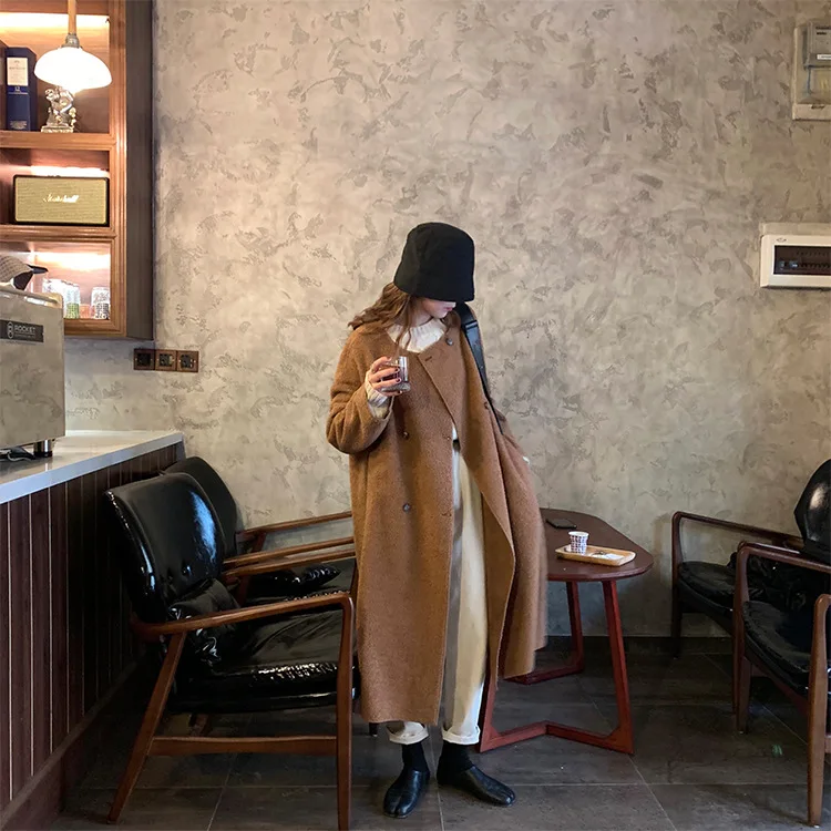 Женское пальто с плюшевым мишкой Abrigos Mujer Elegante, корейское пальто, одноцветное, длинное, двубортное, с широкой талией, пальто и куртки для женщин