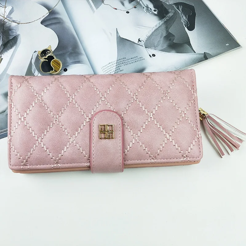 Женский Длинный кошелек, Корейская женская сумка-клатч, новая многофункциональная Повседневная сумка на молнии для телефона, женская модная сумочка с бахромой и ромбовидной сеткой