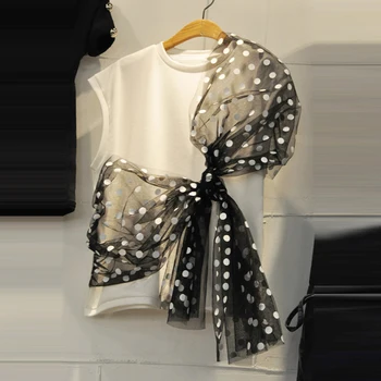 

Korean-Style Tshirt Woman 2020 Summer New Bow Mesh Panel Lace-up Polka Dot Round-Neck T-shirt Women's Sleeveless Top T Shirts