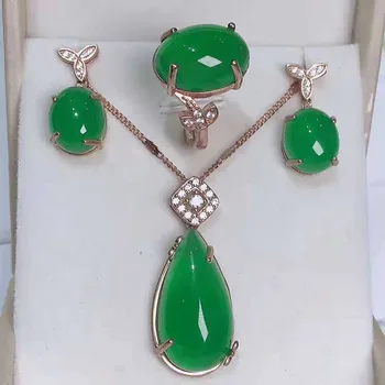 

S925 silver inlaid agate jade silver pendant ring earrings Three Piece Jewelry Set