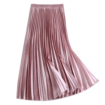

Autumn Winter New Korean High Waist Slim Women Long Skirts All Match Elastic Glossy Maxi Pleated Skirts for Women Saias Faldas
