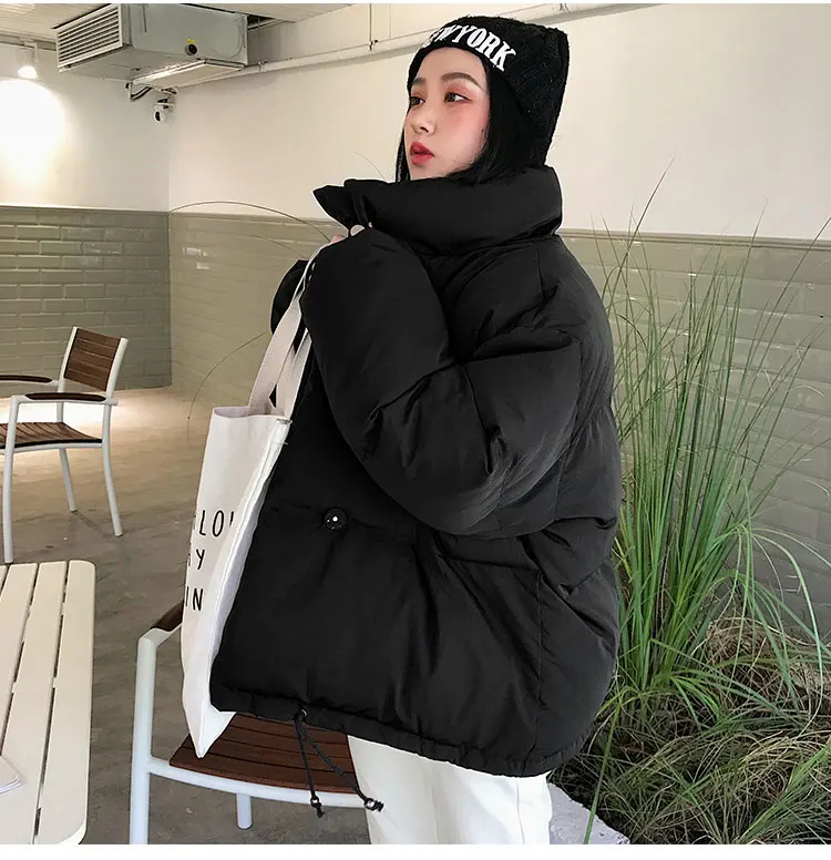 LUZUZI, корейский стиль,, зимняя куртка для женщин, воротник-стойка, однотонный, черный, белый цвет, пальто для женщин, свободный, негабаритный, для женщин, короткая парка