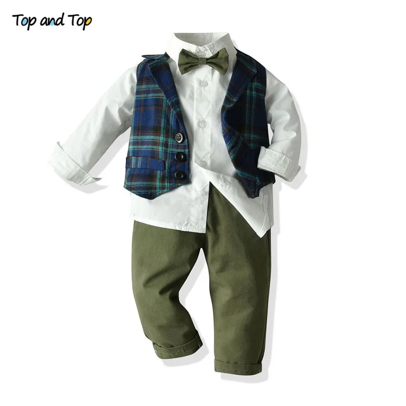 Топ и топ, комплект одежды для маленьких мальчиков, рубашка с длинными рукавами и галстуком-бабочкой+ клетчатый жилет+ брюки, костюм джентльмена из 3 предметов, повседневная одежда для мальчиков, смокинг - Цвет: Зеленый