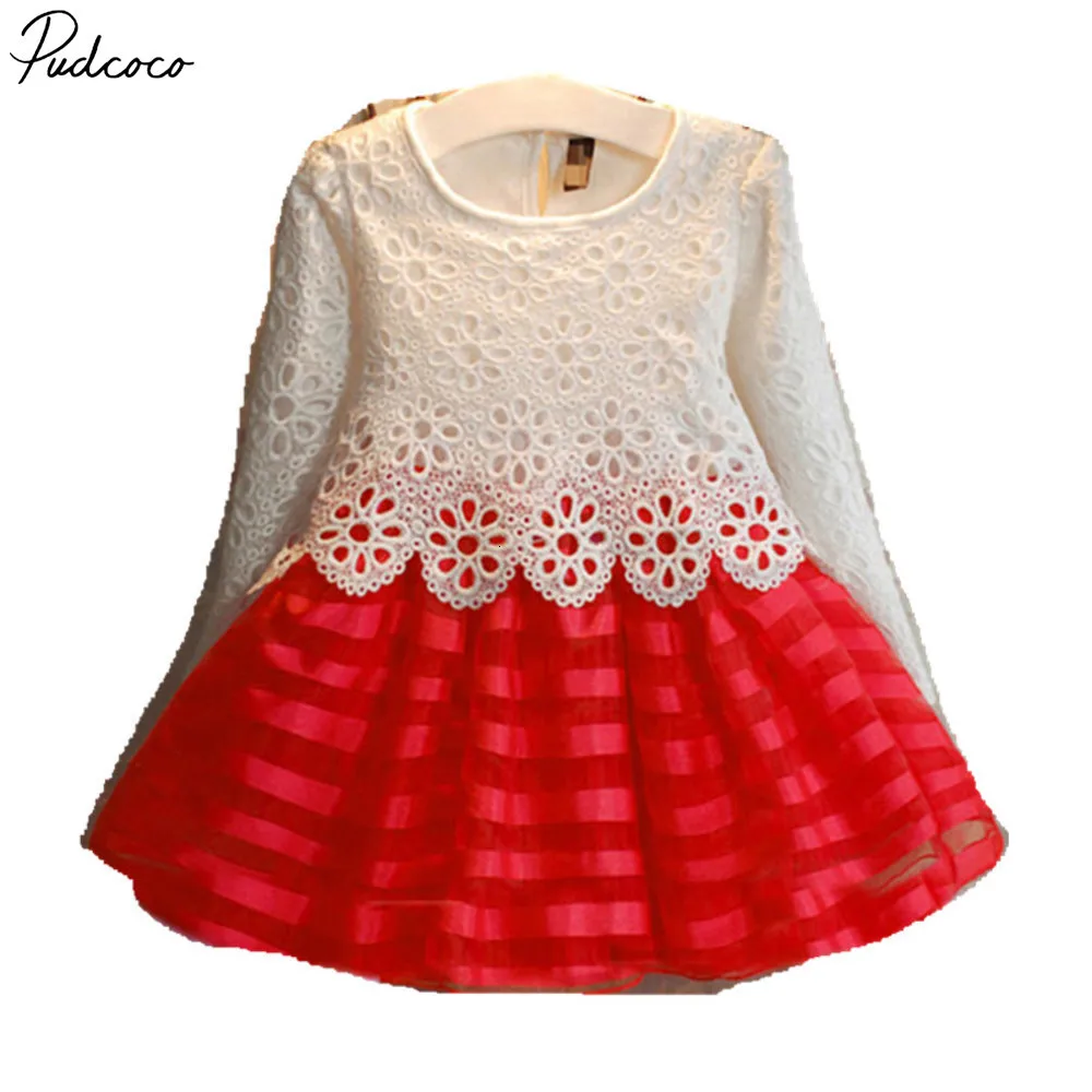 Pudcoco/Одежда для маленьких девочек кружевное бальное платье с длинными рукавами и круглым вырезом, мини-платье для детей от 3 до 7 лет, Pudcoco