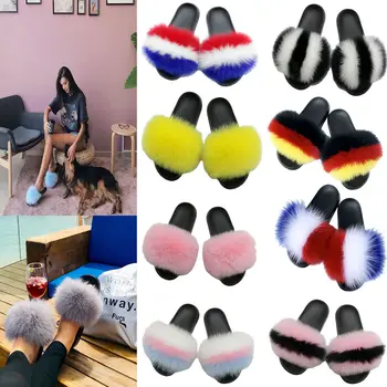 

Real Fur Womens Fluffy Flat Slideers Ladies Comfy Slippers Summer Sandals Feathers Furry Flip Flop Home Outdoor Shoes Size New