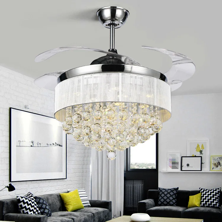 

European Style Crystal Hidden Ceiling Fan Light Restaurant Living Room Fan Lights Household Modern Light Included of Remote Cont