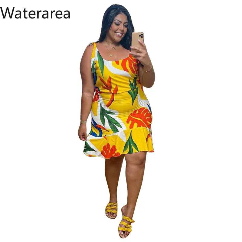 Waterarea Women Dress Spaghetti Strap O-neck Empir Eruffles Knee-length Print Dresses Female Summer Casual Bodycon Dress 2021 white dress