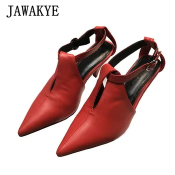 

JAWAKYE Genuine Leather Spike heels Sandals Women Point Toe Summer Comfortable high heels shoes Red Black gladiator Sandals