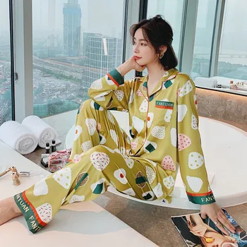 

Yellow Lady Print Rice and Vegetable Roll 2PCS Pajamas Sets Sleep Suit Pyjamas Print Letter Pocket Sleepwear Autumn Nightwear