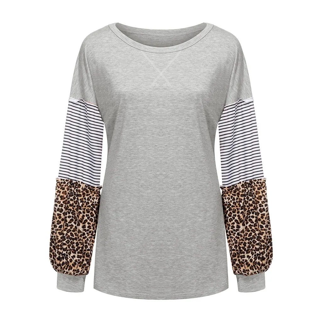 Женская модная футболка с леопардовым принтом, с длинным рукавом, в полоску, повседневные Осенние Топы, лоскутные пуловеры, одежда для женщин