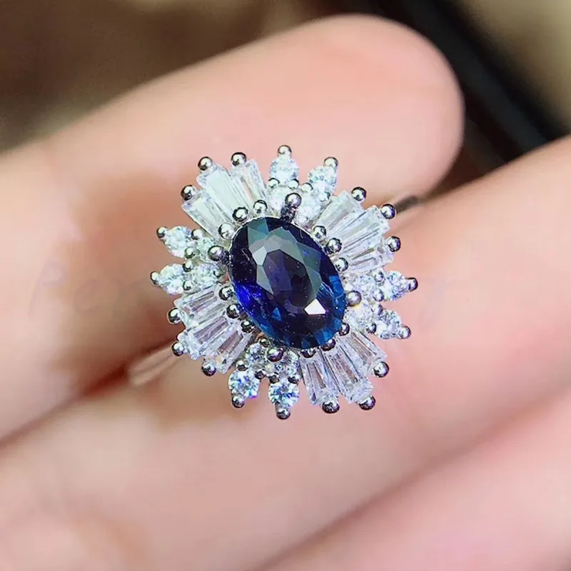 Кольцо с натуральным синим сапфиром, 1CT драгоценный камень,, блестящее кольцо из серебра 925 пробы, хорошее ювелирное изделие Q91159