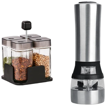

WSFS Hot 1 Set Glass Spice Jar Seasoning Box Salt Sugar Pepper Shaker & 2 in 1 Electric Seasoning Grinding Salt Pepper Grinder