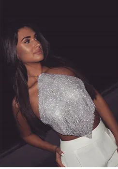 

2019Glitter Night Club Backless Crystal Diamond Tank Top Women Sexy Environmental Metal Beach Halter Camis Crop Top Beachwear