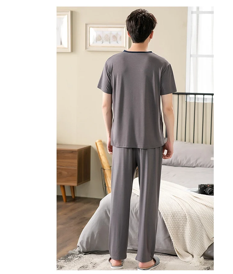 Plus Size Short Sleeve Long Pants V-neck Modal Pajama Set for Men 2021 Summer Korean Sleepwear Suit Pyjama Male Homewear Clothes mens cotton pyjamas