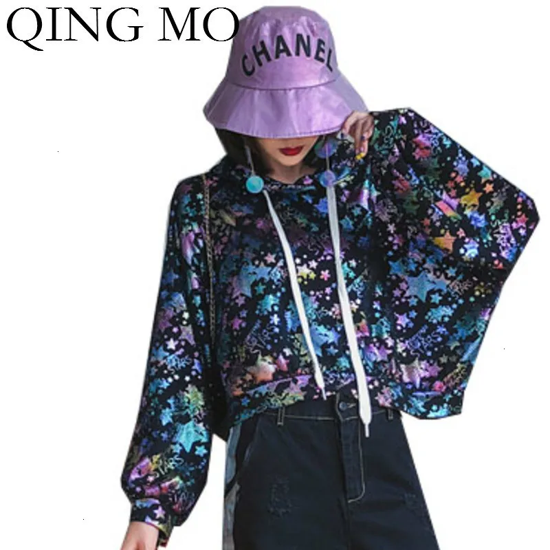 QING MO женские пуловеры Толстовки черные осенние с капюшоном короткий Свитшот