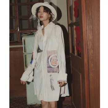 

white Fall 2020 Long Sleeve Loose Shirt Button Down Long Shirt For Women Abstraction Print Designer Tops High Fashion Z015