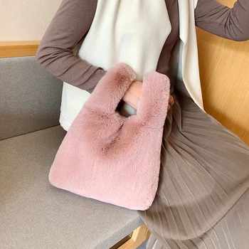 

Winter New Women's Bag 2020 Fashion Tote Bag Plush Soft Handbags Solid Color Small Women's Handbag Soft Warm Fur Luxury Bag