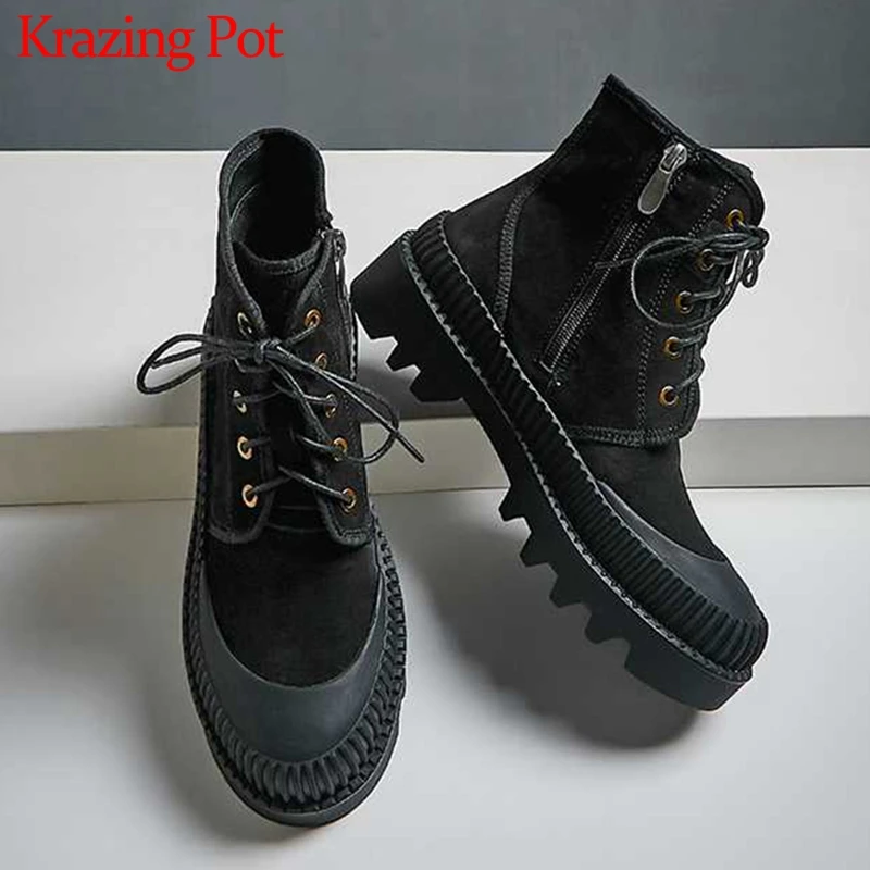 

Krazing Pot black cow leather vintage fashion cool lace up round toe med heels platform winter warm punk women ankle boots L49