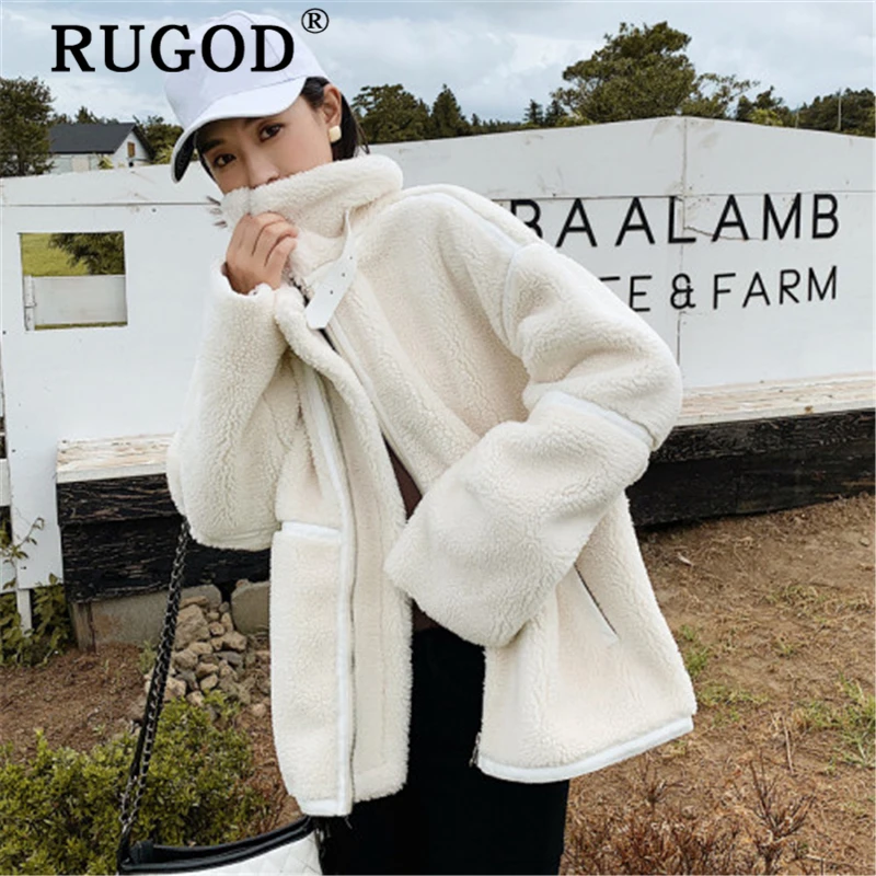 RUGOD модное флисовое пальто для женщин Элегантный Воротник-стойка длинный рукав негабаритная уличная Женская винтажная зимняя теплая куртка