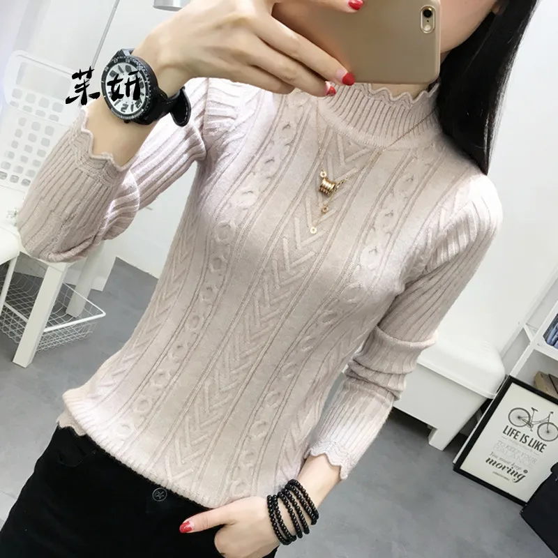 Korean winter sweater female half turtleneck sleeve head bottoming Shirt Short slim knit thickened solid twist | Женская одежда