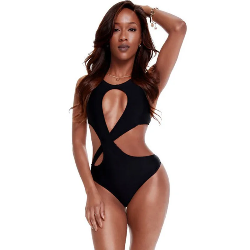 

Sexy Bikini Swimwear Europe And America Fashion Sexy Slim Fit Cross Pierced Black One-piece WOMEN'S Swimwear
