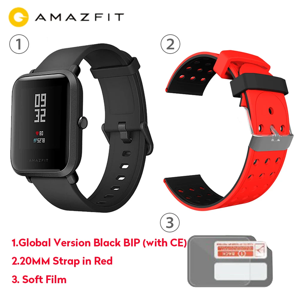 Global Amazfit Bip умные часы Bluetooth gps спортивный монитор сердечного ритма IP68 Водонепроницаемый напоминание о звонках MiFit APP будильник вибрация - Цвет: add red strap