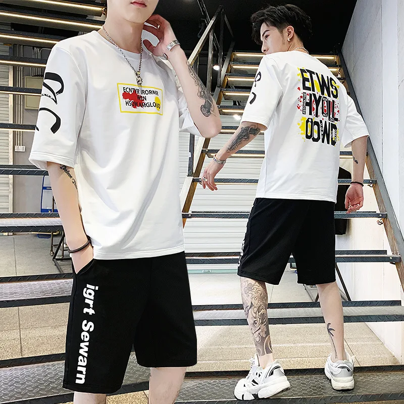 

Perth People Summer Set MEN'S Short-sleeved T-shirt Trend Handsome Two-Piece Set Korean-style Printed Short Shorts Sports Clothi