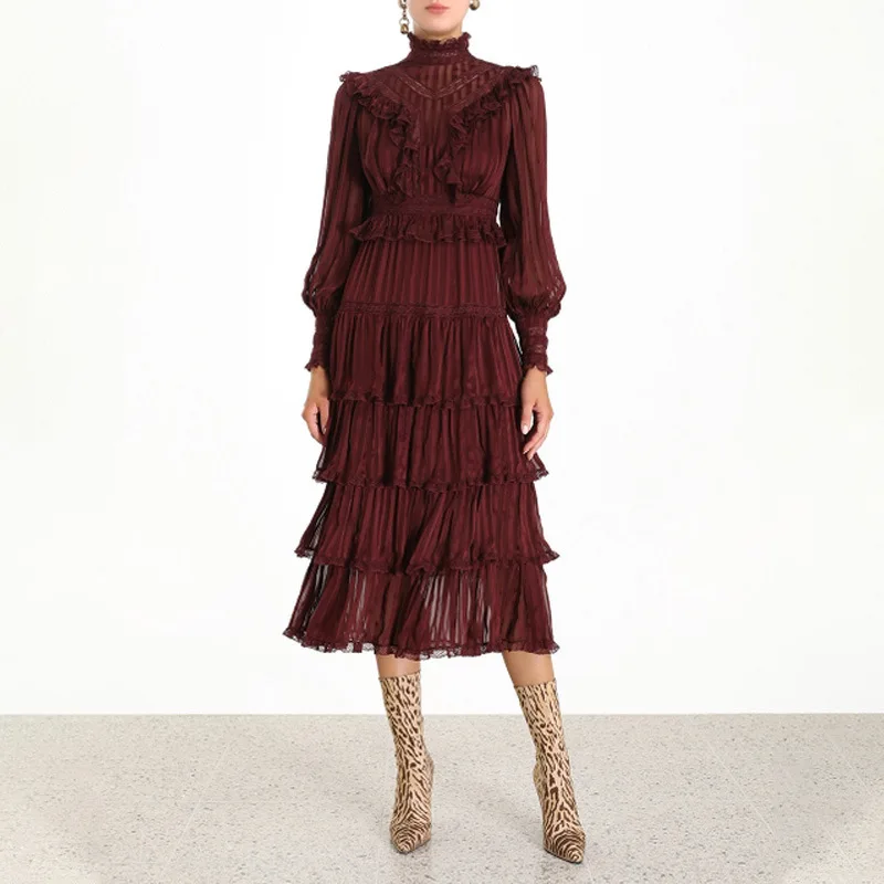 COLOREE Runway дизайнерское женское красное платье элегантное, миди винтажное платье с оборками, Повседневные Вечерние платья с длинным рукавом в стиле пэчворк