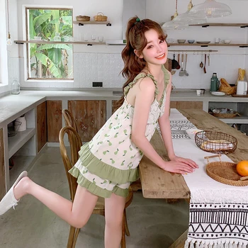 

100% cotton sexy spaghetti strap pajamas for women sleeveless and short pants with ruffles decor sleepwear