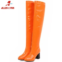 Сапоги выше колена ярких цветов; качественные высокие сапоги из искусственной кожи; женская обувь на квадратном каблуке на молнии; большие размеры 34-48