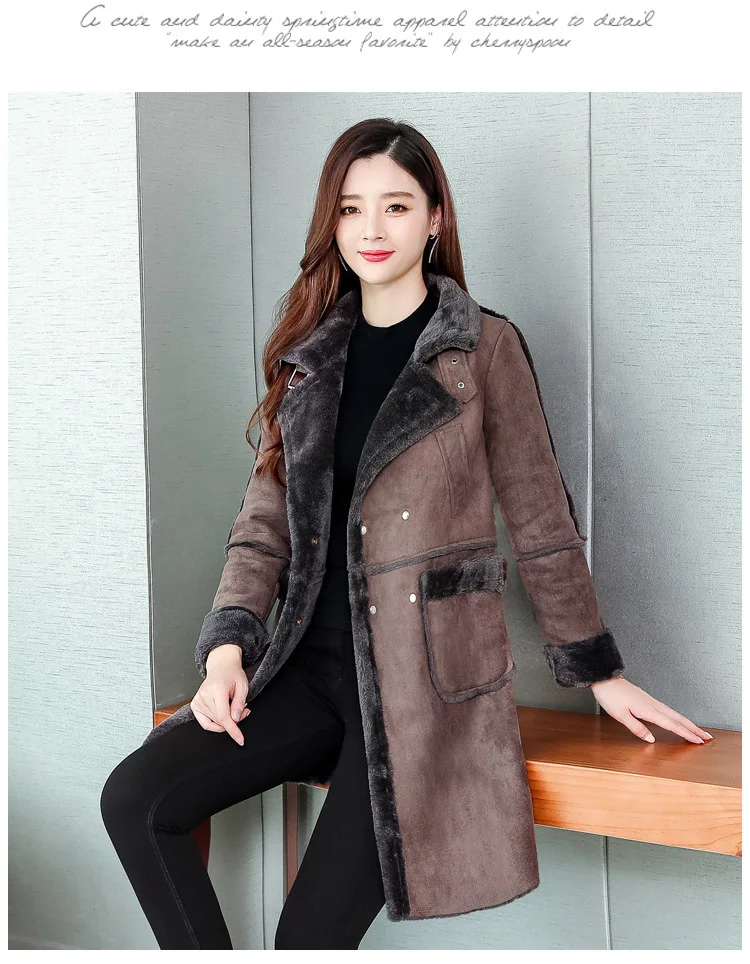 Женское зимнее пальто, плотное теплое шерстяное пальто из овечьей шерсти, Женская длинная Зимняя шерстяная куртка с отворотом, женские замшевые парки XA235