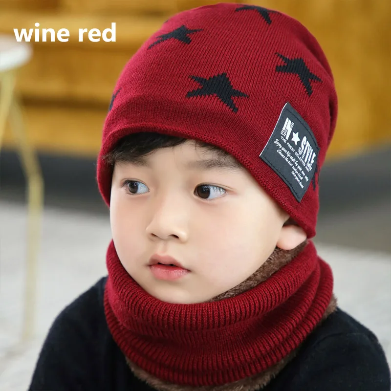 Детские вязаные шапки, хороший подарок, сохраняющие тепло, Плюшевые Вязаные ребристые детские зимние принадлежности, шапка, шарф, набор для девочек, кольца для мальчиков, шарфы, 2 шт - Цвет: Star wine red