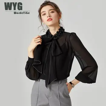 

Paris Fashion Elegant Blouses and Shirts 2020 Autumn New Black Bow TierRuffles Stand Collar Long Sleeve Office Lady Tops