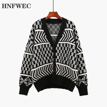 

Knit Cardigan Women Coats 2019 Autumn and Winter New Wild Ladies Sweaters Coats Geometric V-neck Fashion Tops Female D927