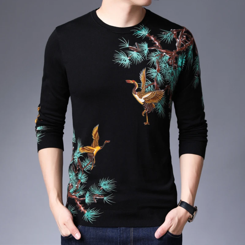 Party Club Outfit Clothing Heren Sweater Bird Print Herren Pullover Men Knitewear O Neck Slim Fit Suéter Hombre Invierno - Цвет: Black